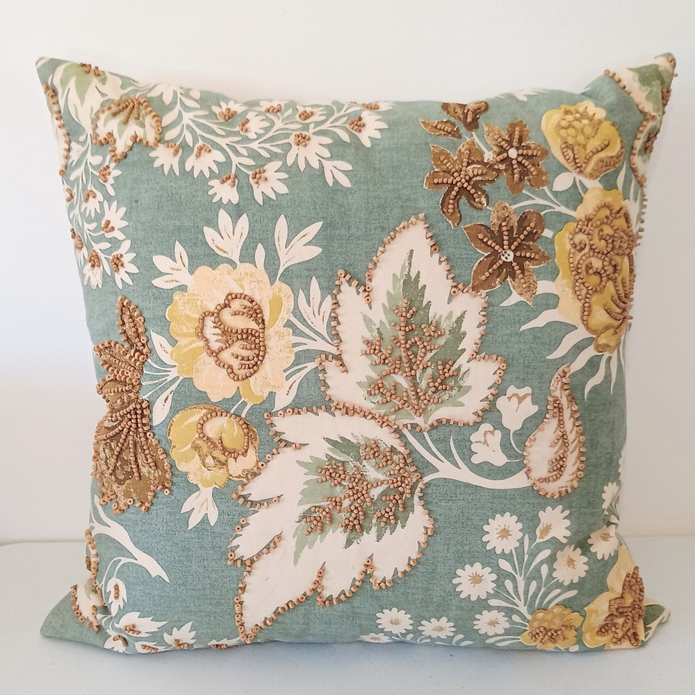 Pottery Barn 18x18 Throw Pillow Wood Beads Leaves Floral Blue Cream Down Feather